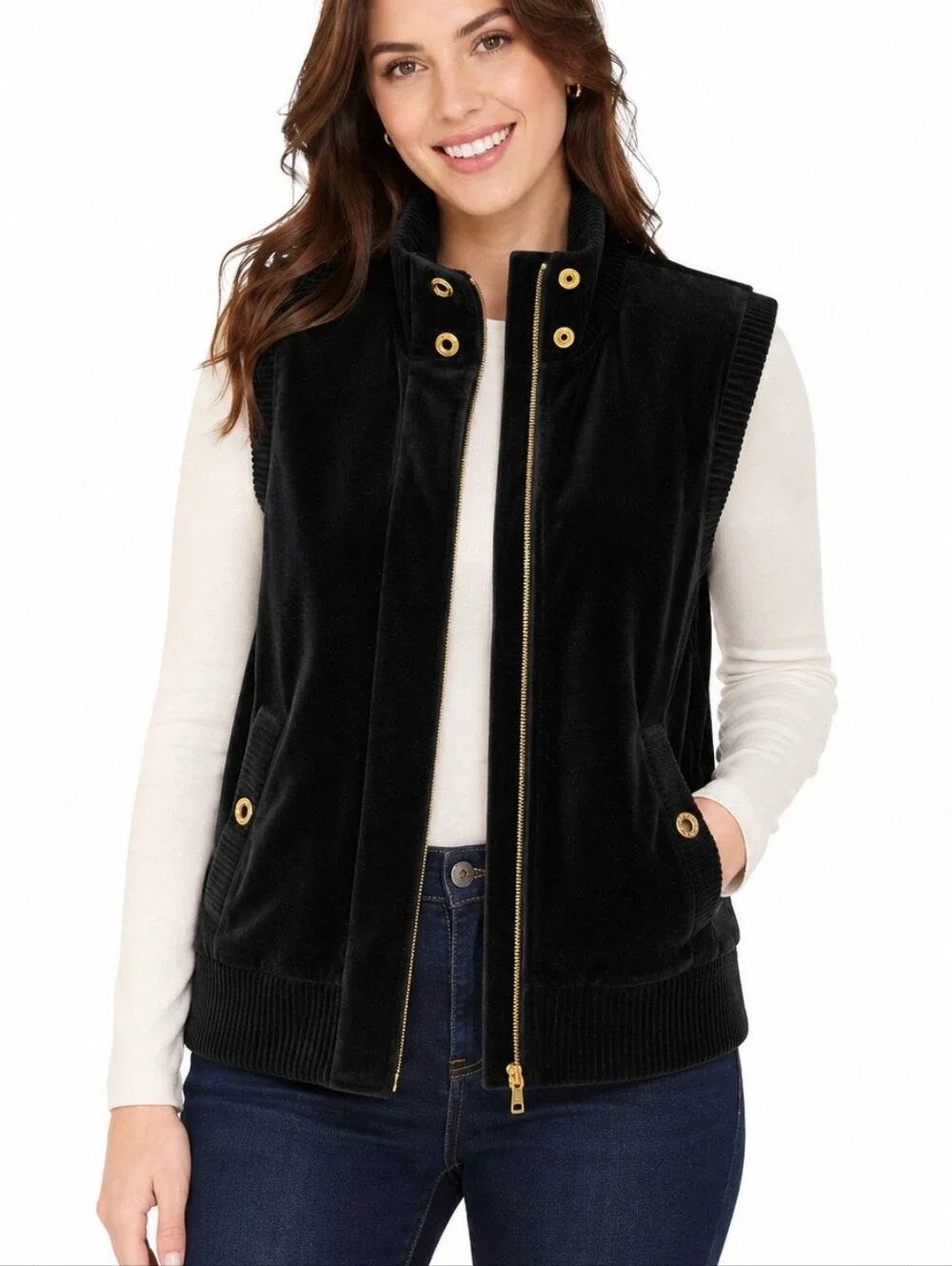 Jones New York Signature Black Velvet Velour Vest Gold Hardware Full Zip Large